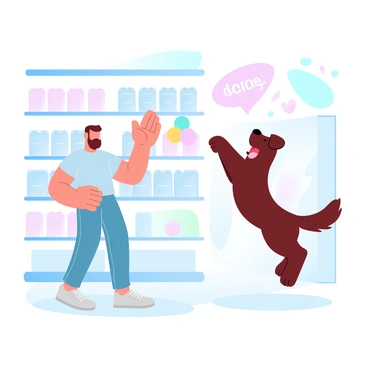 A pet owner is standing in a pet store, holding a colorful new toy in their hand. The owner is wearing a casual outfit consisting of a T-shirt and jeans. The dog, a medium-sized breed with a wagging tail, is jumping up excitedly, showing enthusiasm for the toy. The store has shelves lined with various pet supplies, including bags of dog food and other toys. Brightly colored signs hang from the ceiling, displaying special offers and types of pet products. The floor is tiled, adding to the lively atmosphere of the pet store.