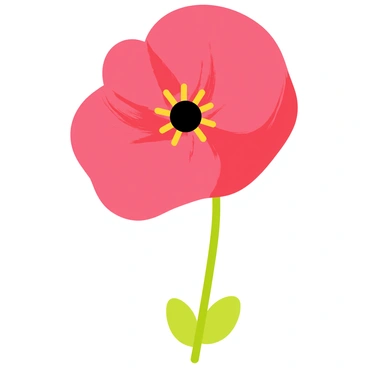 A close-up view of a single "vibrant poppy flower" with "delicate red petals" that have a slightly crinkled texture. The flower has a central dark seed pod surrounded by bright yellow stamens. "A green stem" extends downward, showcasing a few small, green leaves at the base. The background is a soft blur that helps emphasize the beauty of the poppy flower.