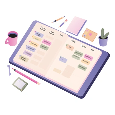 A digital flat illustration depicting a weekly planner open to a page showcasing a schedule for online illustration classes. The planner has a bright blue cover with a textured design. The schedule is laid out in a grid format, with each day of the week clearly labeled in bold letters. Each time slot includes colorful boxes filled with text indicating class titles such as "Character Design," "Digital Painting," and "Storyboarding." There are small icons next to each class, including a paintbrush, tablet, and sketchbook. The background features simple desk items like a coffee mug, a couple of colored pencils, and a small potted plant to enhance the creative atmosphere.