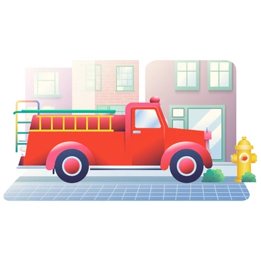 A vintage fire engine in bright red is parked on a cobblestone street. The fire engine has gleaming brass fittings and a ladder extended along its side. Beside it is a classic yellow fire hydrant, featuring a round top and bolts. The cobblestone street is lined with charming brick buildings in muted colors, and a few green plants are growing beside the sidewalk. Soft shadows are cast across the scene, highlighting the textures of the cobblestones.