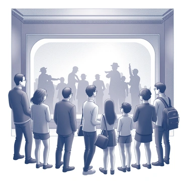 A group of visitors is gathered in a museum of American history. They are standing in front of a large, three-dimensional holographic display, which depicts a historical event. The audience consists of diverse individuals of various ages and backgrounds, all intently focused on the hologram. The reenactment showcases detailed figures engaged in activity, with realistic movements and expressions that capture the essence of the moment. The museum's interior features high ceilings and intricate architectural details, with soft lighting illuminating the scene. The visitors' faces display curiosity and fascination as they experience the event unfolding before them.
