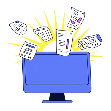 A computer monitor with a sleek design displays a bright blue screen. From the screen, numerous digital invoices are flying out in various sizes and colors. The invoices have distinct designs, featuring different patterns and text. Surrounding the invoices is a radiant burst of yellow and white light, creating a dynamic visual effect. Some invoices appear to be swirling and fanning outwards, while others seem to be floating gently in the air.