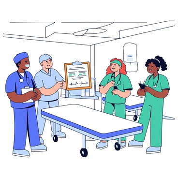 A hospital ward with white walls and bright overhead lights. In the center of the room are two doctors and two nurses. The doctors are wearing blue surgical scrubs and the nurses are in green scrubs. They are gathered around a patient chart on a clipboard, pointing at various sections while discussing. One doctor is taking notes on a notepad, while the other is holding a pen, looking intently at the chart. The nurses are listening carefully, one has a stethoscope around their neck, and the other is holding a handheld device. In the background, there are hospital beds with crisp white linens and medical equipment.