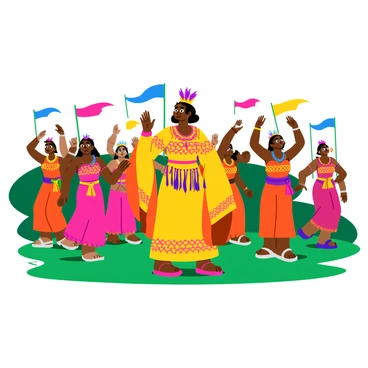 A tribal queen wearing a vibrant, intricately patterned dress with bright colors and embellishments. She has elaborate jewelry, including a necklace made of beads and feathers, and her hair is adorned with flowers and feathers. The queen stands confidently at the front, leading her people who are dressed in matching traditional attire. They are all engaged in a rhythmic dance, with arms raised and feet moving in unison, surrounded by lush greenery. Colorful decorations and banners sway in the wind, adding to the festive atmosphere of the ceremonial gathering.