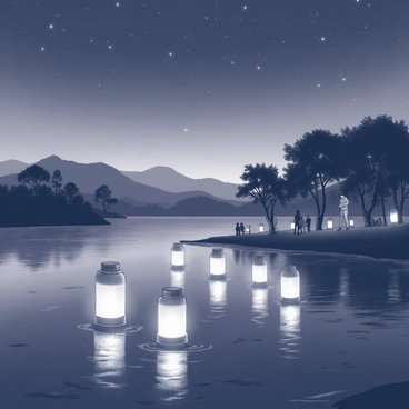 A wide view of the Congo River at night. Several lanterns are floating gently on the surface of the water, casting soft illumination around them. The water reflects the light from the lanterns, creating a shimmering effect. In the background, the silhouettes of trees and distant hills are visible against the night sky. A small group of people can be seen along the riverbank, some observing the lanterns while others are interacting, creating a sense of community. The night is clear, featuring a starry sky overhead.