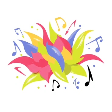 A vibrant explosion of colors swirling together in a dynamic display. The colors include bright reds, blues, yellows, and greens, all blending seamlessly. The swirling patterns form distinct shapes of musical notes throughout the composition. The musical notes are of various sizes and orientations, creating a sense of movement and rhythm.