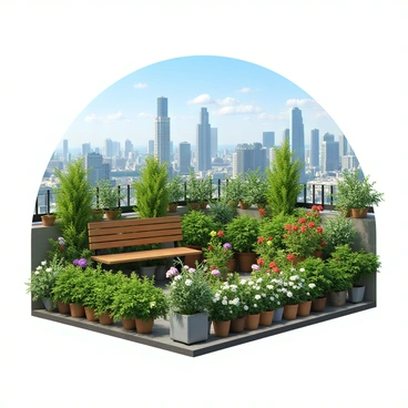 A rooftop garden filled with a variety of vibrant green plants and colorful flowers. There are potted herbs like basil and rosemary alongside blooming geraniums and petunias, creating a lush and inviting atmosphere. In the background, a panoramic view showcases tall skyscrapers against a clear blue sky. The contrast between the greenery of the garden and the urban architecture highlights the blend of nature and city life. A wooden bench is placed in the corner of the garden, providing a spot to relax and enjoy the scenery.