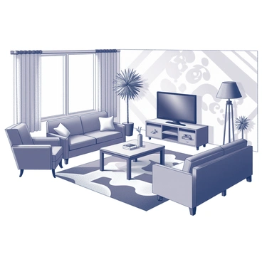 A living room designed in the 1980s style, featuring a spacious layout with geometric patterns on the walls. The room includes a large, plush sectional sofa with bold upholstery, accompanied by a pair of vintage armchairs. A coffee table sits in the center, adorned with a brightly patterned tablecloth. On the floor, a thick area rug showcases a striking design. The room is also filled with decorative items such as a tall potted plant in the corner, and a large, retro-style entertainment unit displaying a television and cassette player. 