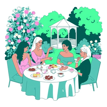 A teal garden is filled with vibrant blooming flowers of various colors. Guests dressed in elegant attire are seated at round white tables adorned with delicate tablecloths. Each table is set with fine china teacups and plates piled high with colorful pastries. Soft sunlight filters through the leaves, casting gentle shadows on the guests who are happily chatting and sipping tea. One guest is reaching for a pastry, while another raises their teacup in a toast. In the background, a white gazebo is framed by lush greenery, adding to the charm of the scene.