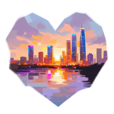 A city skyline at dusk, showcasing a cluster of tall skyscrapers arranged in the shape of a heart. The buildings are illuminated with vibrant lights reflecting the colors of the setting sun, creating a warm glow against the darkening sky. The sky transitions from orange to deep purple, with soft clouds scattered throughout. Below the skyline, a river can be seen gently flowing, reflecting the colors of the skyline above. The scene captures the essence of an urban environment, evoking a sense of romance and connection.