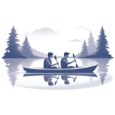 A pair of kayakers in tandem, one behind the other, are paddling across a calm lake that reflects their silhouettes perfectly. The kayakers are wearing life jackets and holding paddles, with the water appearing smooth and undisturbed around them. Lush trees, with detailed trunk and leaf formations, line the edges of the lake, creating a sense of enclosure. The sky above is clear, with a few scattered clouds partially reflecting in the water's surface. Each kayaker displays focused expressions as they navigate the serene waters.