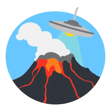 A metallic UFO with sleek, reflective surfaces hovers above a steaming volcano. The volcano's rocky slopes are dark and textured, with vibrant red and orange lava flowing down its sides. The steam rises in thick white plumes, creating a contrast against the blue sky. The UFO emits a soft, glowing light from its underside, illuminating the lava below. The scene captures the dynamic interaction between the otherworldly craft and the natural fury of the volcano.