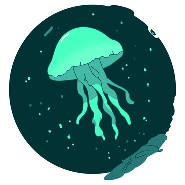 A teal jellyfish is floating gracefully in the depths of the ocean. Its translucent bell is gently pulsating, revealing delicate, flowing tentacles that trail below it. Surrounding the jellyfish, the dark water creates a stark contrast, enhancing the ethereal quality of the scene. Small particles of light filter through the water, illuminating the jellyfish and casting soft, shimmering reflections on the dark surface around it.