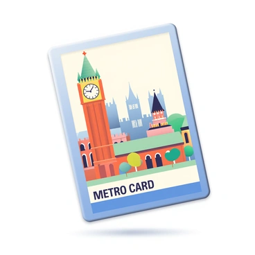 A metro card is prominently displayed in the foreground. The card features colorful illustrations of famous historical landmarks from a city. There is a tall clock tower with intricate designs, a large, majestic cathedral with stained glass windows, and a grand castle with turrets in the background. Additionally, a modern skyline peeks through behind the landmarks, showcasing a mixture of old and new architecture. The card has a light blue border, and the city's name is written in bold letters at the bottom.