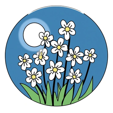 A cluster of "Edelweiss flowers" with white petals and yellow anthers is gently illuminated by "moonlight." The flowers are depicted among green foliage, with their soft textures subtly highlighted by the light. The background features a deep blue night sky, with a full "moon" casting a silvery glow over the scene.