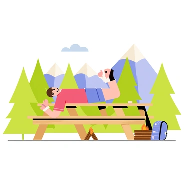 A camper wearing a red t-shirt and blue shorts is doing dips on a wooden picnic table. The picnic table is situated in a scenic campsite surrounded by tall green pine trees. In the background, there are mountains with a clear blue sky above. A small campfire with logs is also visible nearby, and a backpack rests on the ground next to the table. The scene conveys an active outdoor atmosphere.