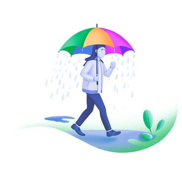 A scene depicting a person walking in the rain, holding a colorful umbrella that shields them from the droplets. The umbrella's edge overlaps with the person's face, obscuring their features. Raindrops can be seen falling around them, creating a dynamic atmosphere. Puddles form on the ground, reflecting the colors of the umbrella and the surroundings. The person wears a light jacket, and their posture suggests a steady, determined walk despite the weather.