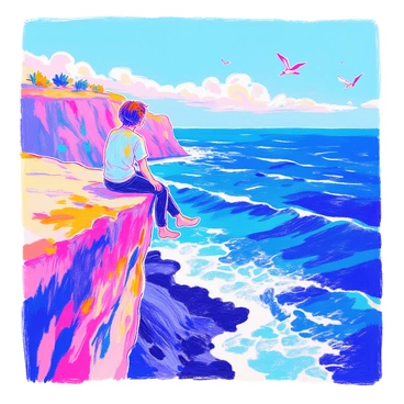 A person is sitting on the edge of a cliff, their legs dangling over the side. They have short brown hair and are wearing a light blue t-shirt and dark jeans. The person's gaze is directed out over the ocean, capturing the vast expanse of water that sparkles under the sunlight. Below, waves crash against the rocky base of the cliff, sending up white foam. In the distance, a few seagulls can be seen flying against a clear blue sky. The scene conveys a sense of solitude and contemplation.