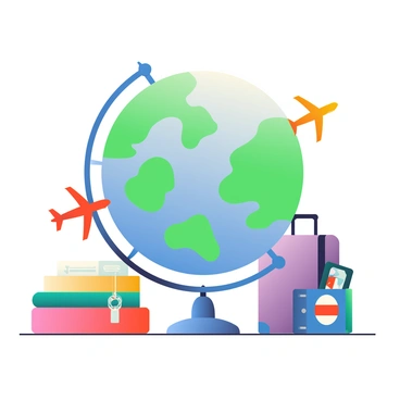 A large globe is positioned in the center of the image, displaying vibrant blue oceans and green continents. Surrounding the globe are various travel-related icons. A few airplanes, colored in bright red and yellow, are flying in different directions around the globe. Multiple suitcases, in shades of purple, orange, and teal, are stacked next to the globe, with travel tags hanging from their handles. Several passports, featuring different national flags on their covers, are placed nearby, open to show the pages inside. The composition creates a dynamic travel-themed scene, emphasizing exploration and adventure.