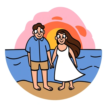 A light-skinned man with short brown hair and big eyes is wearing a blue casual shirt and beige shorts. He is standing on a sandy beach at sunset, the sky filled with shades of orange and pink. Next to him is a light-skinned woman with long flowing hair and big eyes, wearing a white sundress. They are smiling at each other, with the waves gently lapping at their feet. The atmosphere conveys a sense of peace as they share a quiet moment while holding hands.