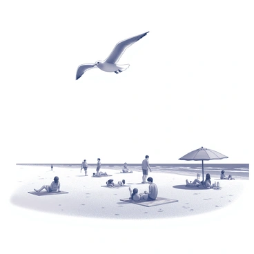 A seagull is soaring high in the sky above a sandy beach. The bird is depicted with outstretched wings and is gliding gracefully on the wind. Below, several people are scattered across the beach, some are sitting on towels, while others are playing in the sand or walking along the shore. There are beach umbrellas providing shade, and a few children are building sandcastles. The sea is visible in the background, with gentle waves lapping at the edge of the beach. The overall scene captures a lively day at the beach.