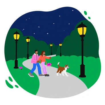 A couple walking their dog along a quiet path, surrounded by lush greenery and blooming flowers. The path is illuminated by several streetlights, each casting a warm yellow glow that creates a cozy atmosphere. The couple is holding hands, dressed in light jackets, while the dog happily trots alongside them. The night sky is a deep navy blue, sprinkled with twinkling stars, adding to the peaceful setting. The streetlights have decorative designs, enhancing the charm of the scene.