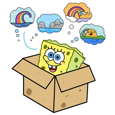 SpongeBob SquarePants, a yellow sea sponge with a rectangular shape, is sitting inside a large, rugged cardboard box. The box is slightly crumpled and has a few colorful doodles and patterns drawn on its surface. SpongeBob has a wide smile on his face, his blue eyes sparkling with excitement. Above his head, vibrant, swirling rainbow thoughts are depicted as colorful clouds, showcasing various imaginative scenes like jellyfishing, blowing bubbles, and adventure-filled landscapes. The setting around him is simple, emphasizing the whimsical nature of his imaginative world.