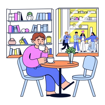 A slender ectomorph person with short brown hair is sitting at a small round table in a quaint coffee shop. The person is holding a steaming cup of coffee with both hands, taking a gentle sip. The table is adorned with a tiny potted succulent. In the background, there are cozy wooden shelves filled with books and small decorative items. A large window beside the person showcases a view of a sunny street with people walking by. The lighting creates soft shadows around the scene, highlighting the warm atmosphere of the coffee shop.