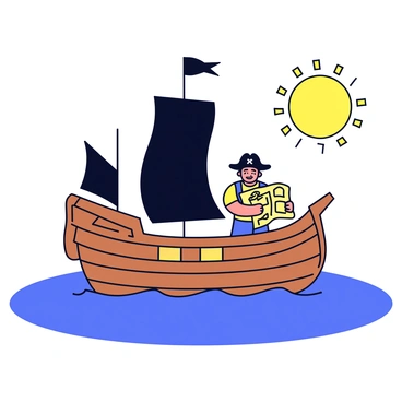 A pirate ship sailing on a bright blue sea with a treasure map in hand.