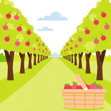 A sunny apple orchard filled with green trees heavy with "ripe red apples" hanging from the branches. The grass is lush and green, providing a vibrant ground cover. In the foreground, there is a "wooden basket" sitting on the ground, ready for collecting the apples. The basket has a sturdy handle and is partially filled with some picked apples. The sky above is clear with a few fluffy white clouds scattered. Overall, the setting conveys a bustling atmosphere of harvest time.