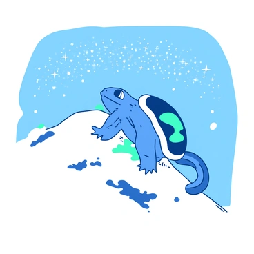 A blue Squirtle is climbing a snowy peak, its little limbs struggling against the soft white snow. The Squirtle's shell glistens with moisture as it makes its way up the slope. Surrounding the Squirtle, the white landscape is dotted with small patches of green moss peeking through the snow. The sky above is clear, and a stunning crown of twinkling stars sparkles brilliantly, casting a magical glow over the scene. The contrast of the blue Squirtle against the white snow creates a vibrant visual.