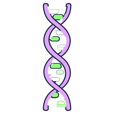 A double helix DNA strand is displayed in a dynamic twist, showcasing its characteristic spiral structure. The strand is composed of pairs of nucleotides, each represented by distinct shapes that symbolize the genetic codes. The helical form rises elegantly, with the base pairs connected by green and purple ladders creating a sense of depth and movement. The background is simple, allowing the double helix to stand out prominently in the foreground.