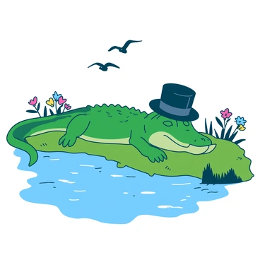 A green crocodile wearing a black top hat is lounging comfortably on a grassy bank beside a blue river. The river flows gently, reflecting the sunlight in shimmering patterns. The crocodile has its eyes closed, appearing relaxed, with its tail draped over the edge of the bank. Nearby, there are a few colorful flowers blooming, adding a touch of vibrancy to the scene. A few birds can be seen flying in the clear sky above the tranquil river.