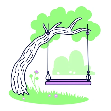 A wooden swing is hanging from a sturdy branch of a fig tree. The swing features a smooth, polished seat with rope ties on each side. The branch from which the swing hangs is thick and gnarled, covered in lush green leaves, some of which are filtering sunlight. Below the swing, there is soft grass with a few scattered wildflowers, adding a touch of natural beauty to the scene. In the background, the silhouette of more trees can be seen, providing a sense of depth and tranquility.
