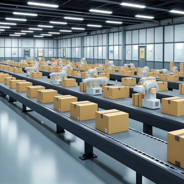 A high-tech facility featuring multiple conveyor belts transporting packages. The conveyor belts are lined with various sizes of cardboard boxes, some labeled with barcodes and logos. The facility is well-lit, with large overhead lights illuminating the space. Robotics can be seen operating alongside the conveyor belts, assisting in sorting and managing the packages. The walls are made of glass and steel, showcasing a modern, industrial design. There are digital screens displaying information about package routing and monitoring systems in the background.