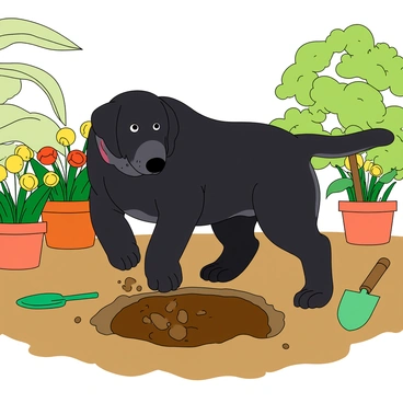 A large black Labrador dog with a shiny coat is actively digging a hole in a patch of rich brown soil. The dog's front paws are firmly pushing down into the earth, sending clumps of soil flying. Around the dog, there are various gardening tools, including a green trowel and a small spade with a wooden handle. Nearby, there are vibrant flowers in pots, showcasing bright colors like yellow and red, adding a cheerful touch to the scene. Sunlight filters through the leaves of nearby plants, casting playful shadows on the ground where the dog is working.