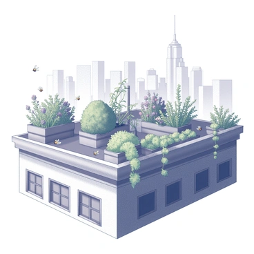 A rooftop garden set atop a tall building in an urban environment. The garden is filled with various types of plants, including flowering shrubs and herbs. There are several small creatures present, including bees buzzing around the blossoms, and ladybugs resting on the leaves. The layout of the garden features raised planters and trellises supporting climbing vines. In the background, the outlines of city skyscrapers can be seen against the sky.
