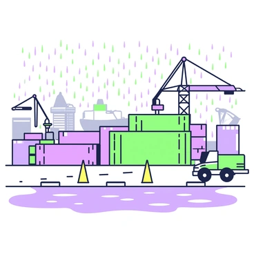 A rainy day at the docks is depicted with large shipping containers stacked neatly in various positions. Prominent cranes are positioned throughout the scene, their outlines visible against the gray sky. Rain is falling steadily, creating ripples in puddles on the ground and reflecting the shapes of the containers and cranes. In the foreground, there are yellow caution signs, and in the background, a distant ship can be seen anchored, partially obscured by the rain and mist. The overall atmosphere conveys a sense of industriousness in a challenging weather condition.