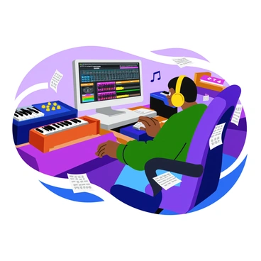 A digital music producer wearing large headphones sits at a sleek computer desk. The producer is focused on the computer screen displaying a colorful digital audio workstation interface. Surrounding the desk are various synthesizers in vibrant colors, showcasing an array of buttons and knobs. The room is filled with soft lighting, highlighting the equipment and creating an energetic atmosphere for creativity. Papers and music notes are scattered around, adding to the scene's dynamic feel.
