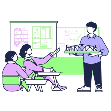 An engineering student is standing in front of a classroom, presenting a model bridge. The student is wearing a blue shirt and dark trousers, holding the bridge model in their hands. The model is intricately designed, showcasing various materials and structural elements. In the background, classmates are seated at their desks, attentively watching the presentation. Some classmates are taking notes, while others are leaning forward in interest. A whiteboard behind the student displays diagrams and calculations related to the bridge design.