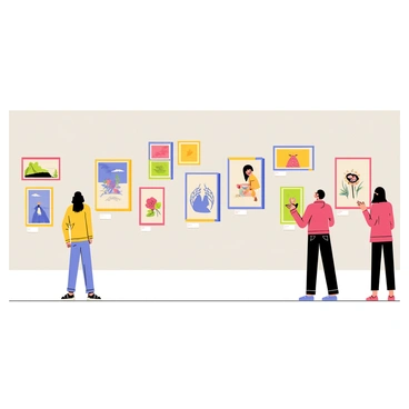 A wall in an art gallery showcasing a collection of vibrant illustration works from a student's portfolio. The wall is painted in a light grey color, providing a contrast to the colorful frames of the artwork. Each piece is hung at eye level, featuring various styles and themes, including nature, abstract designs, and character illustrations. The frames vary in sizes and colors, creating an eclectic look. Small labels beneath each artwork display the title and artist's name. A few visitors can be seen observing the works, adding a sense of engagement to the scene.