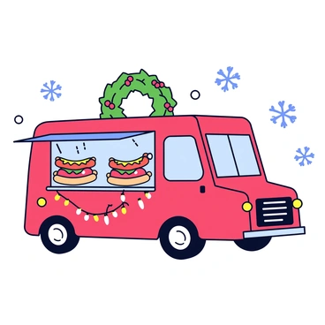 A food truck with a bright red exterior and a large green wreath with red berries adorning the front. The truck has an open service window displaying a colorful menu featuring holiday-themed hot dogs. Each hot dog is topped with festive ingredients like cranberry sauce and mustard. Strings of twinkling lights are draped around the truck, adding to the festive atmosphere. Snowflakes are gently falling around the scene, enhancing the holiday feel.