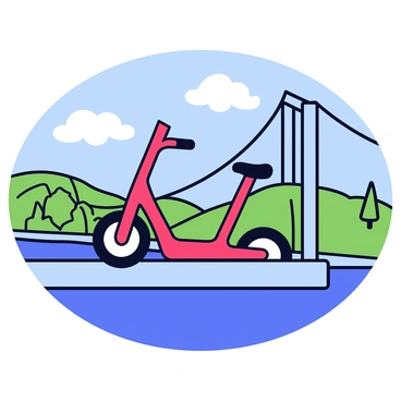 A treadmill bike with a sleek design and bright red color is positioned on a large suspension bridge. The bridge features tall, imposing towers and a series of strong cables arching overhead. In the background, there are scenic views of rolling green hills and a clear blue sky scattered with fluffy white clouds. The landscape is dotted with trees, and a river can be seen flowing beneath the bridge. The wheels of the treadmill bike are slightly blurred, suggesting movement across the bridge.