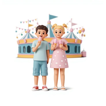 Two children are standing side by side, both holding colorful ice cream cones. One child, a boy with short brown hair, is wearing a light blue t-shirt, denim shorts, and red sneakers. He is happily licking a chocolate ice cream cone. The other child, a girl with long blonde hair tied in pigtails, is wearing a pink dress with white polka dots and white sandals. She is holding a pink ice cream cone and smiling broadly. In the background, there are vibrant carnival rides, colorful balloons, and festive decorations, setting a joyful atmosphere for the scene.