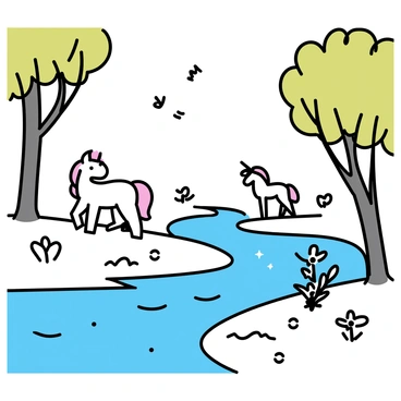 A river with sparkling waters flowing through a forest of mythical creatures