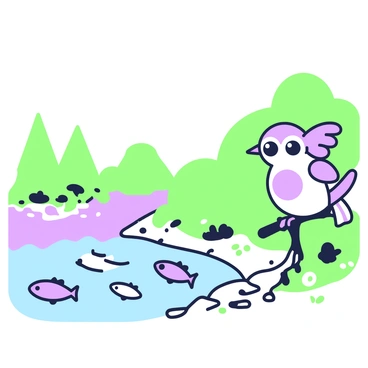 A playful chouette is perched on a low branch near a lakeside. The chouette has large, expressive eyes and a round body, with feathers marked by distinctive patterns. Below, the lake is calm, reflecting the surrounding trees. In the water, several fish are swimming by, their shapes clearly visible. The chouette leans forward, preparing to swoop down, with its wings slightly raised. The shore is lined with pebbles and patches of grass, creating a natural habitat that complements the scene.