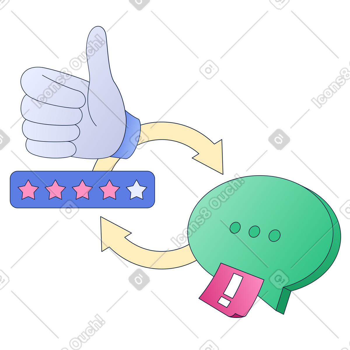 Illustration Pouce levé et bulle de dialogue avec flèches, boucles rétroaction, communication d'équipe dans le style Neat à télécharger aux formats PNG, SVG