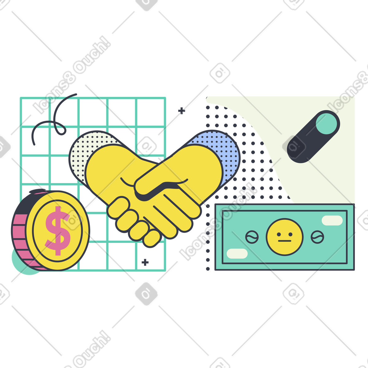 Handshake with coin and dollar bill, Partnership and finance agreement illustration in Abstract style download in PNG, SVG