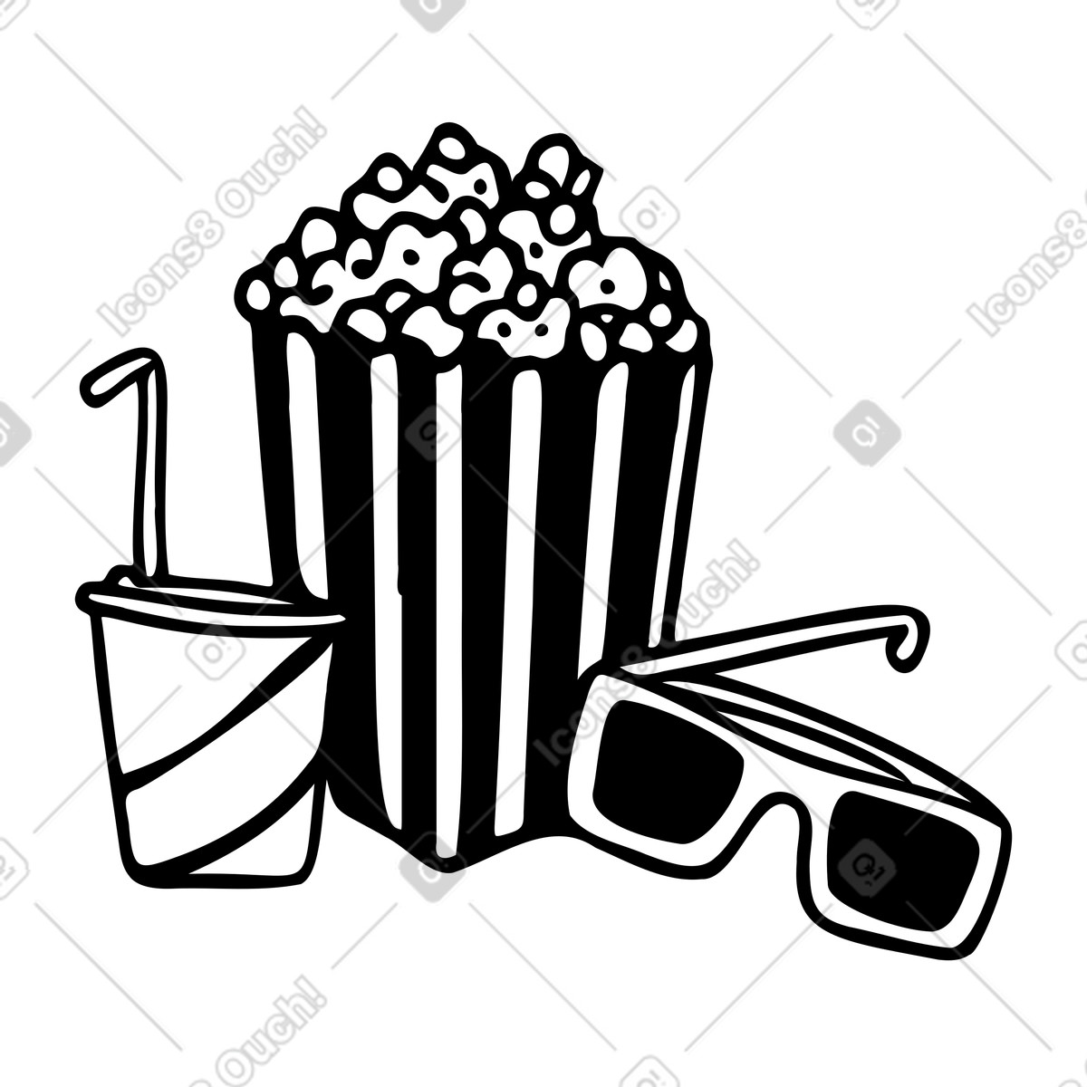 Movie night: soda cup, popcorn and 3D glasses illustration in Journal style download in PNG, SVG