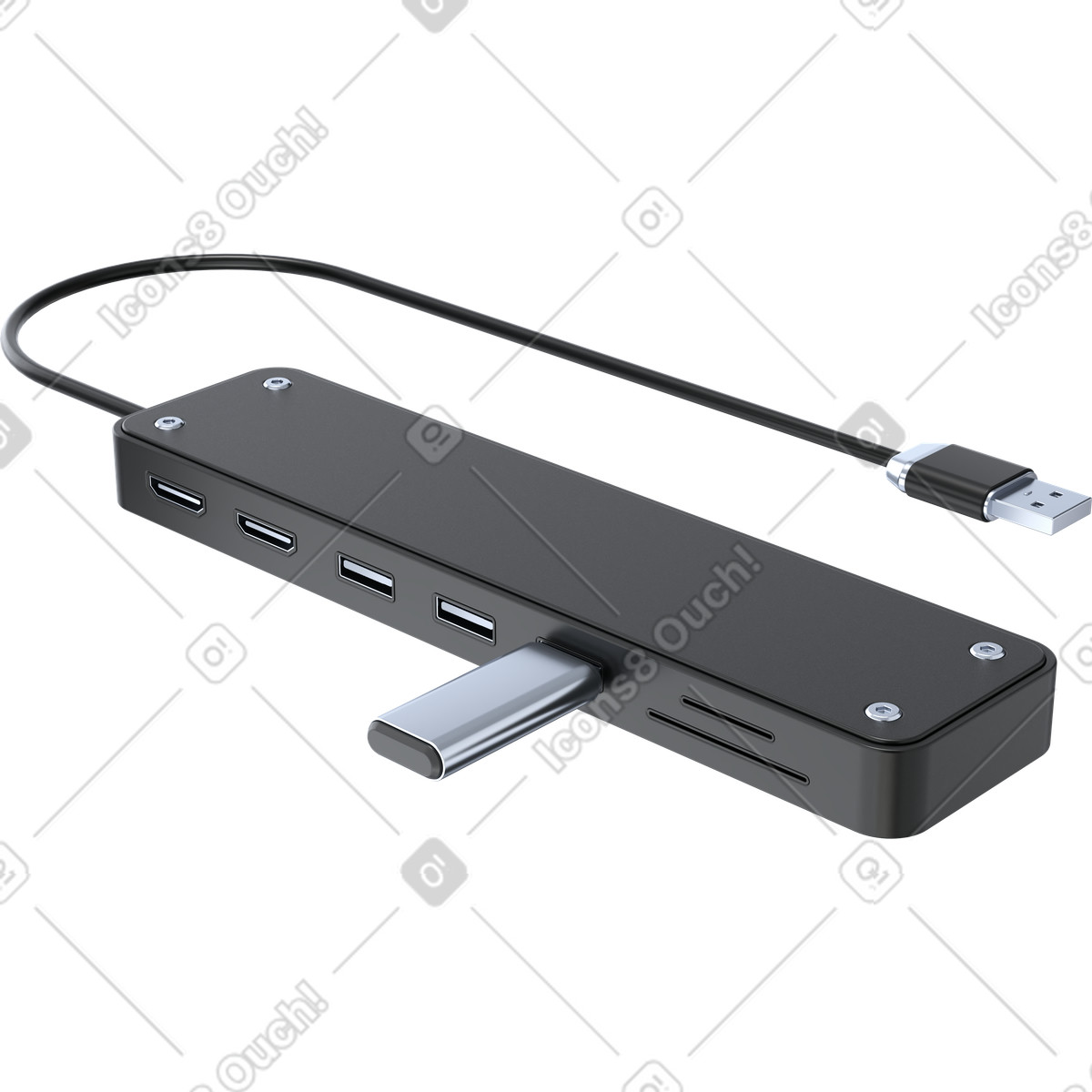 USB-C multiport hub adapter with connected flash drive illustration in 3D Pro style download in PNG, SVG